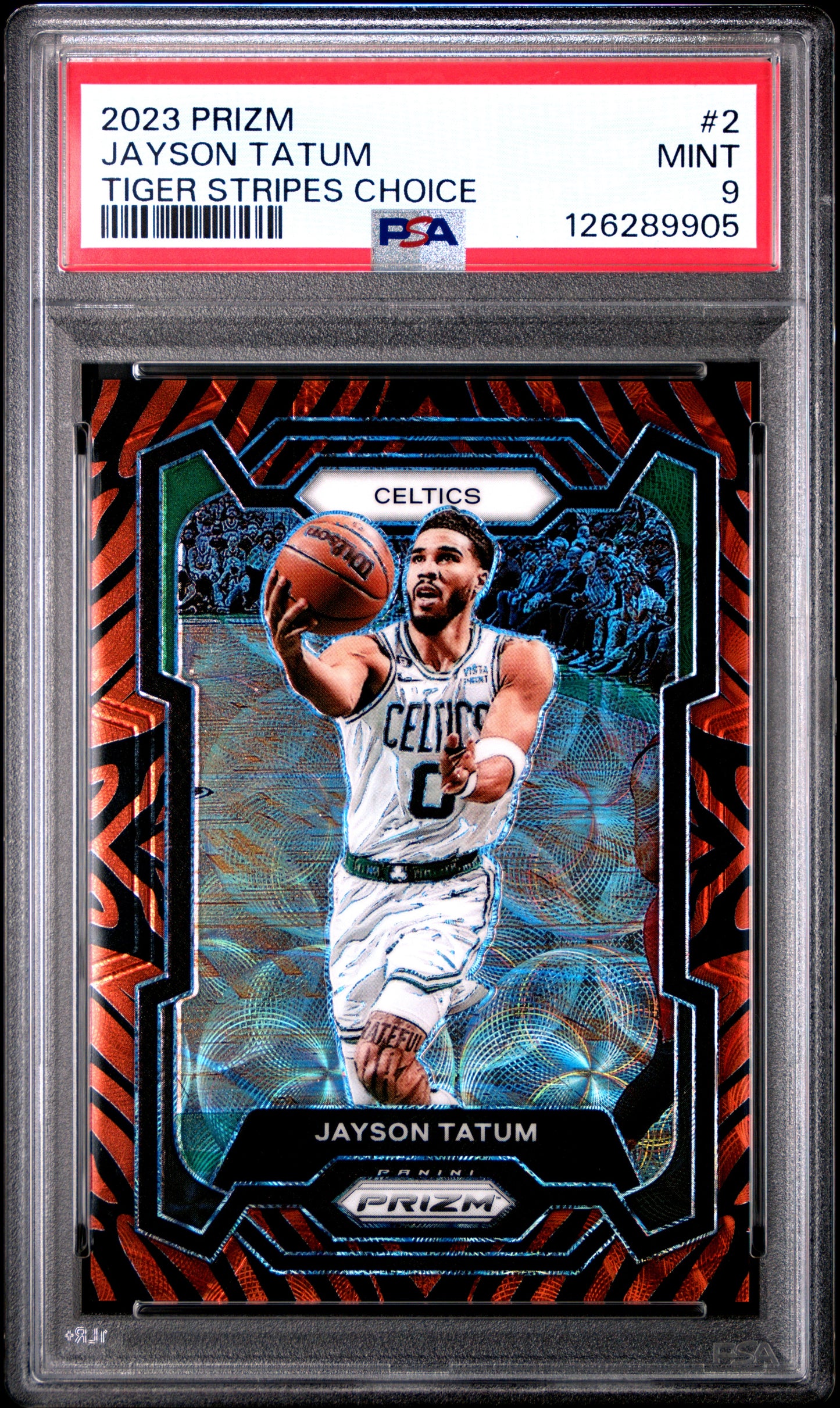 2023-24 Panini Prizm #2 Jayson Tatum Prizms Choice Tiger Stripe PSA 9