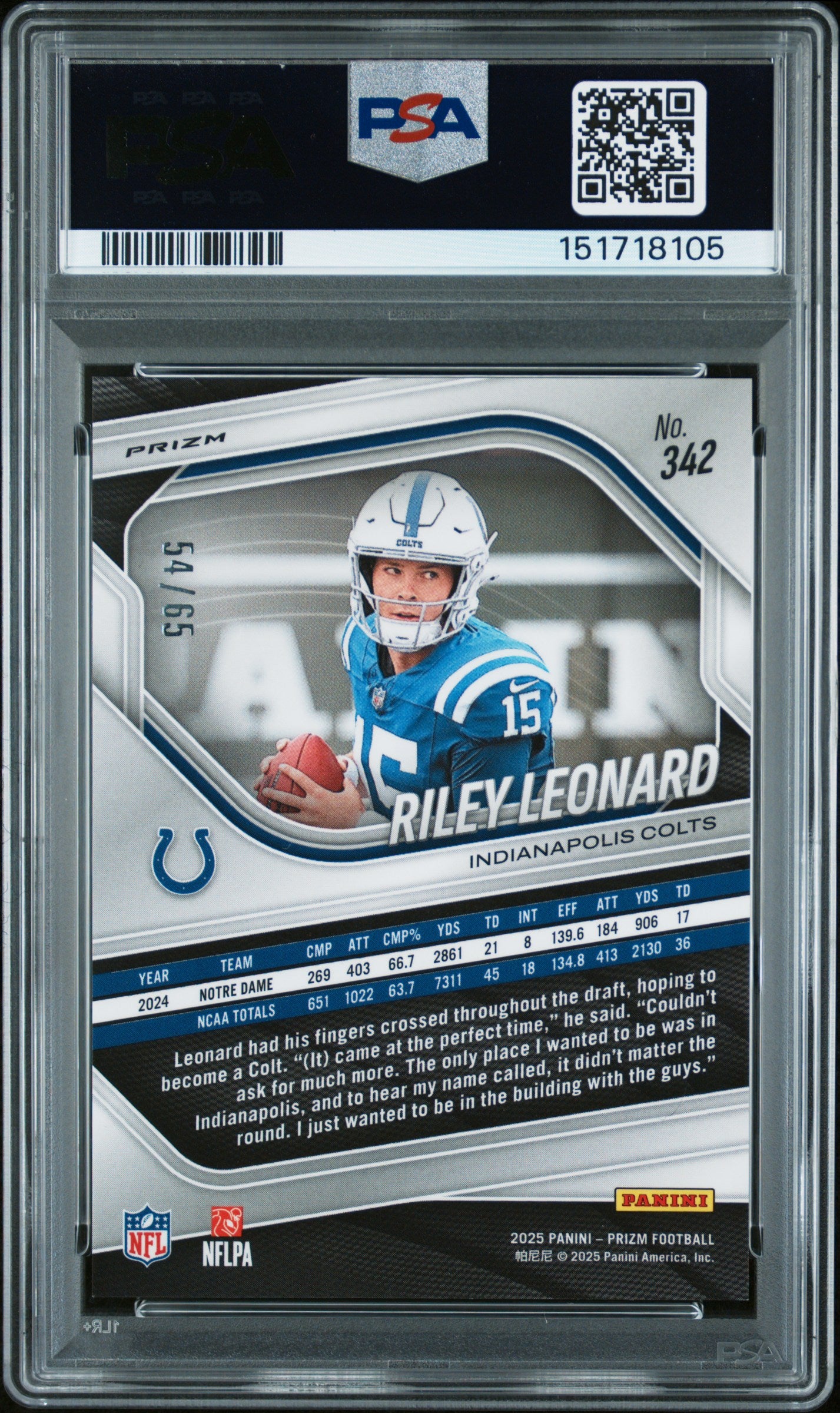 2025 Panini Prizm #342 Riley Leonard Orange Wave PSA 10 #/65