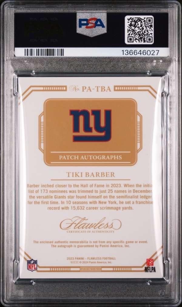 2024 Panini Flawless Update - Upd-'23 Patch Auto-Sapphire #PA-TBA TIKI BARBER 10