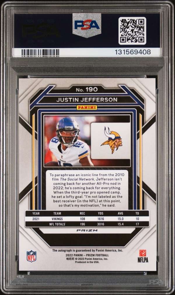 2022 Panini Prizm #190 Justin Jefferson Autographs Prizm Silver PSA 10