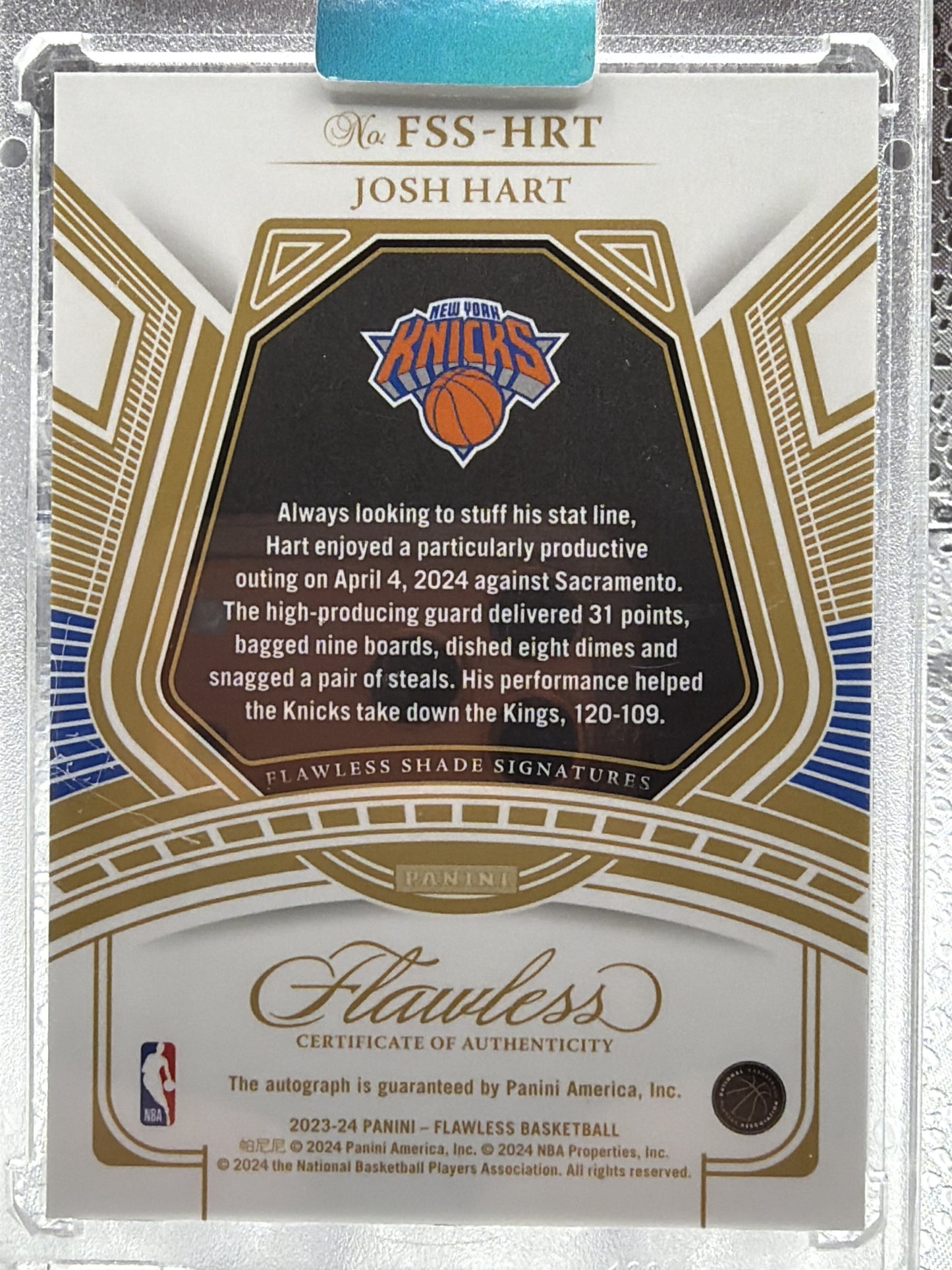 2023-24 Panini Flawless Shade Signatures Josh Hart #FSS-HRT Autograph /15 Knicks