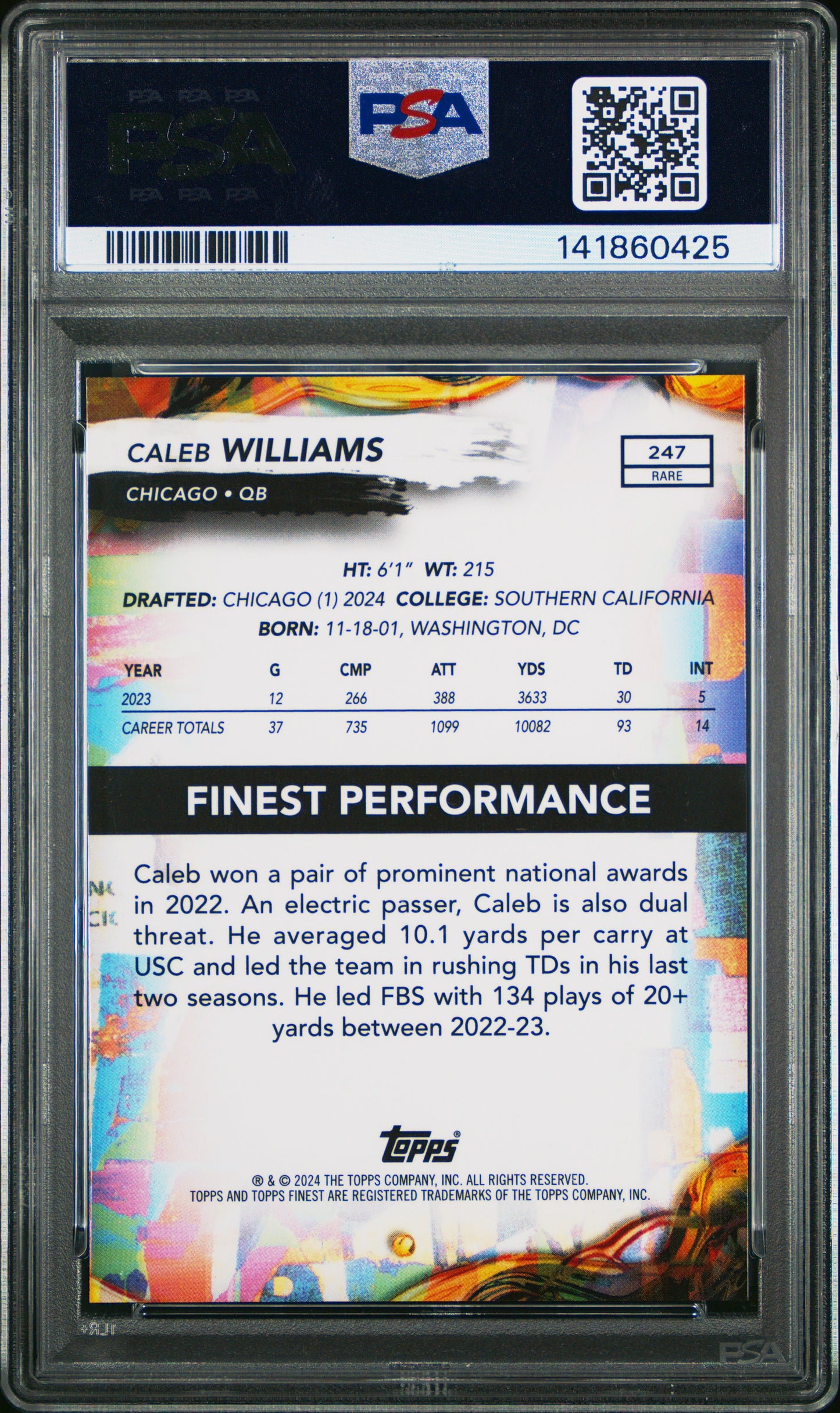 2024 Finest #247 Caleb Williams Blue Checkerboard Refractor PSA 10 #/49